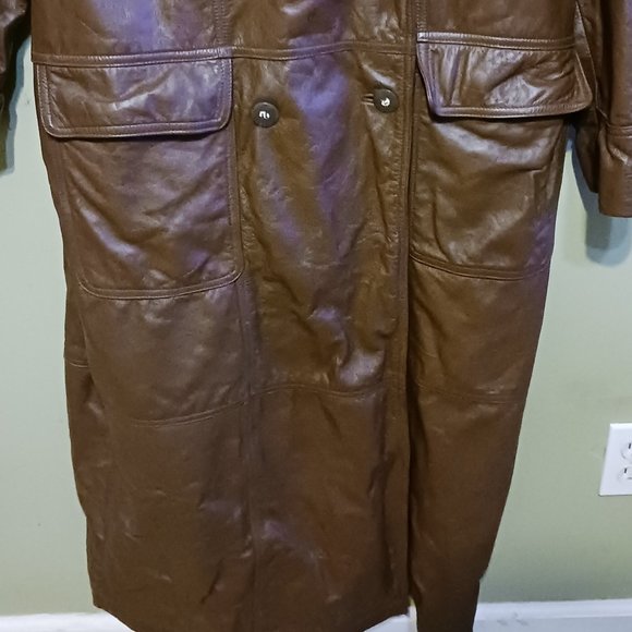 Vintage 80s Together Leather Double Breasted Maxi Trench Coat Brown Womens Sz 16 - Picture 3 of 16